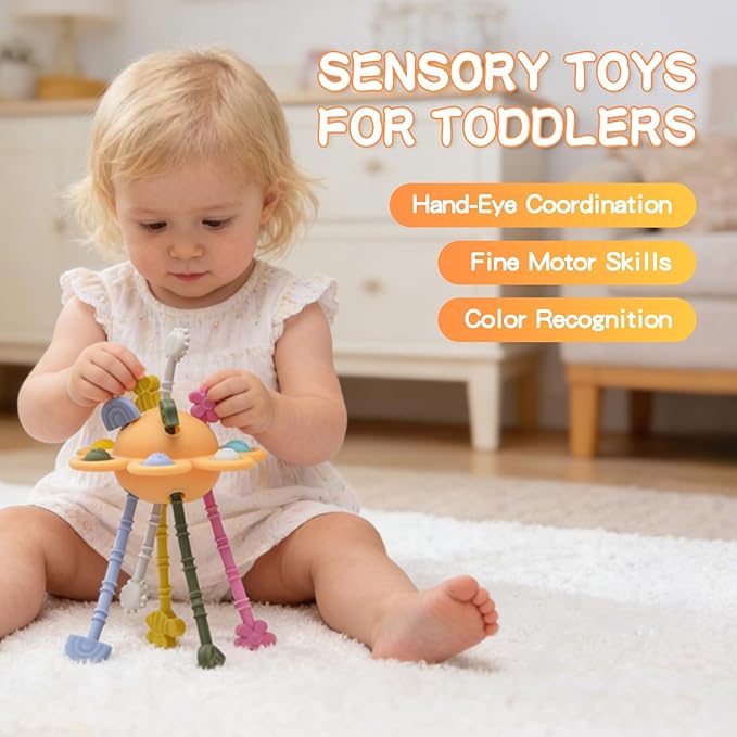 Food Grade Silicone Pull String Baby Toy, Montessori Pull String Sensory Toy for 18 Months Babies Teething Toys (Yellow)