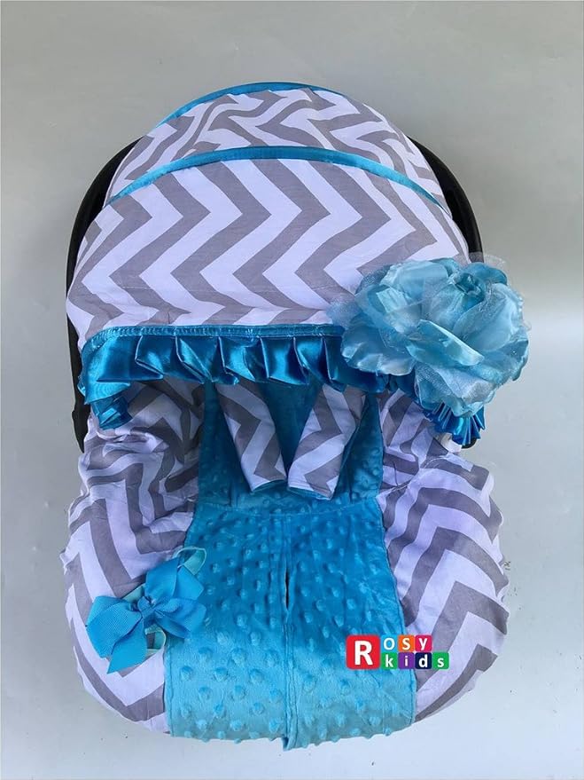 Rosy Kids Infant Carseat Canopy Cover 3pc Whole Caboodle, Baby Car Seat Cover Outdoor Kit, 3D Rosette Fabric, Baby Pink Grey Paisley Print