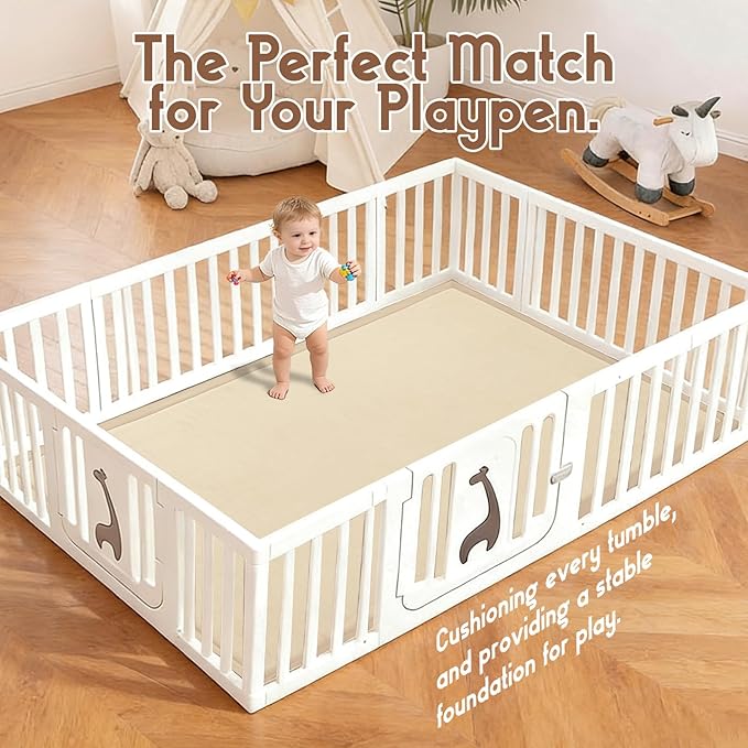 Baby Play Mat for Floor, 1.3 Inch Thick Memory Foam Tummy Time Mat with Non Slip Backing, Soft Coral Velvet 59X71 Inch Playpen Mat Crawling Tatami for Infants Toddlers Kids, Beige