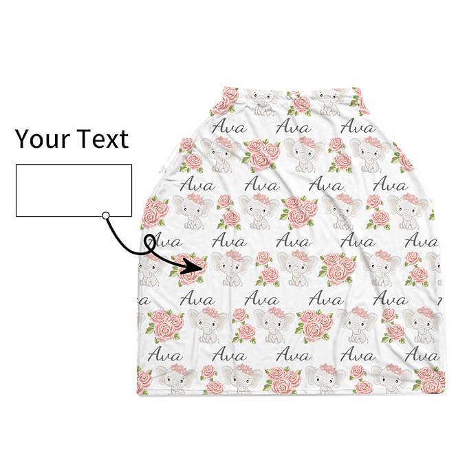 Personalized Baby Car Seat Cover Stroller Canopy: Custom Name Newborn Baby Boy Girl Elastic Elephant Nursing Cover for Moms First Birthday Gift Pink Flowers(one Size)
