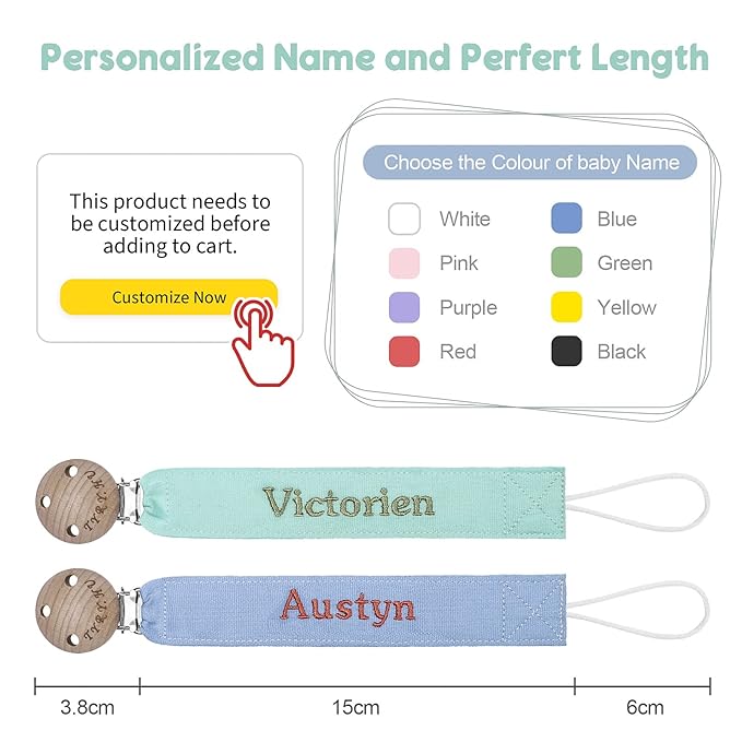 TYRY.HU Personalized Pacifier Clip with Name, Embroidery Webbing Pacifier Holder for Baby Girls and Boys, Neutral Binky Clips Universally Fit All Pacifiers, Baby Gift, 2 Pack(Blue, Green)