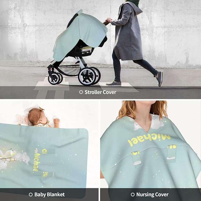 Custom Baby Car Seat Canopy with Name, Personalized Stroller Baby Car Seat Covers for Boys Girls, Minky Nursing Carseat Cover for Breastfeeding, Car Seat Canopies for Infant Newborn(Elephant)