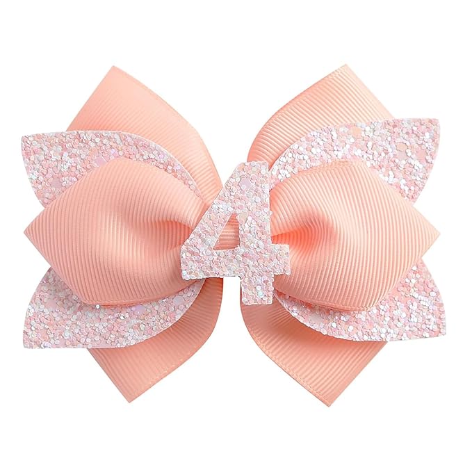 Pink Birthday Hair Bow for Baby Girls - 2Pcs Peach-pink Sprinkle Hair Clips for 4th Birthday Glitter Baby Bow Party Decorations for Girls Toddlers Hair Accessories