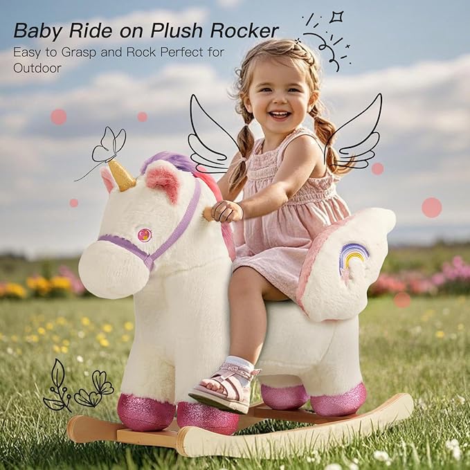 Baby Rocking Horse,Unicorn Wooden Rocking Horse for Toddlers 1 Year Old Cute Pink Stuffed Plush Ride-on Rocking Animal for Baby Girls Nursery/Child Christmas or Birthday Gift