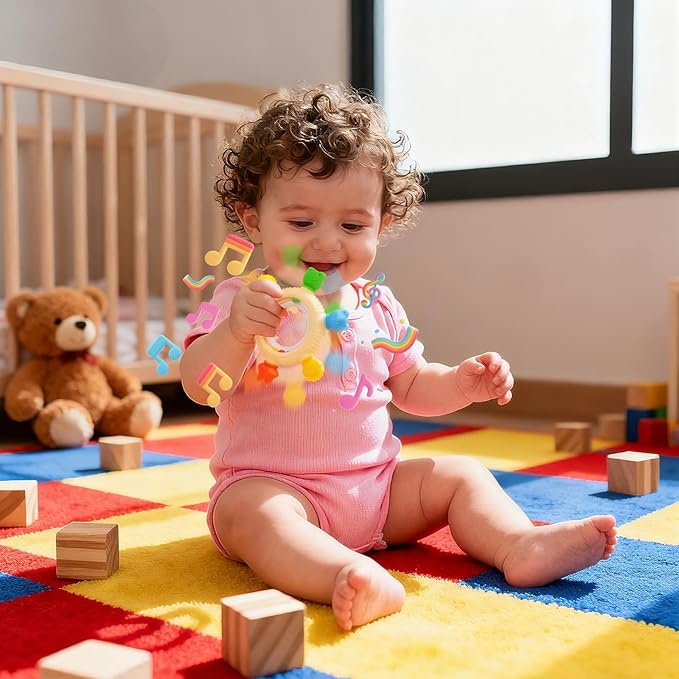 Baby Teething Rings Rattle Toys - BPA-Free Silicone Teether for 0-24 Months Infants & Toddlers, Safe Soft Chew Toys with Rattle Sound, Essential Teething Relief for Babies
