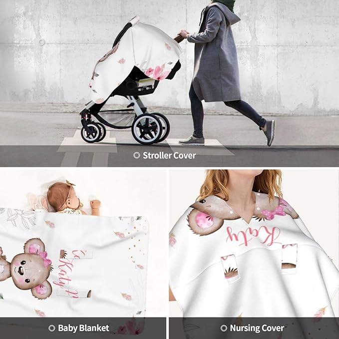 Personalized Baby Car Seat Canopy for Babies, Custom Name Car Seat Covers for Baby Girl, Cute Little Bear Opening Minky Nursing Breastfeeding Cover for Infant, Carseat Canopies for Newborn