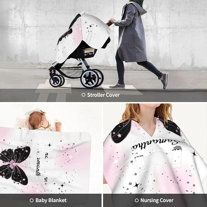 Personalized Baby Car Seat Canopy with Name, Custom Stroller Baby Car Seat Covers for Girls, Minky Nursing Carseat Cover for Breastfeeding, Car Seat Canopies for Infant Newborn(Butterfly Black)