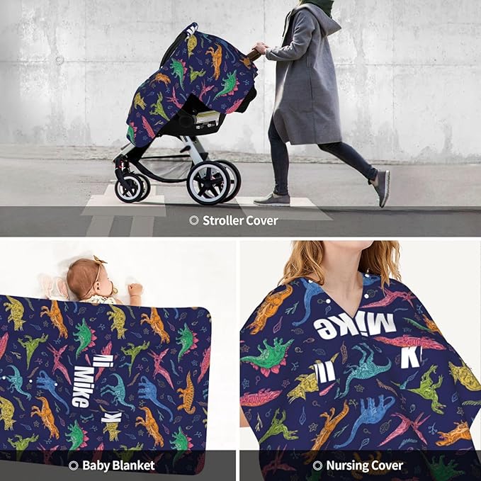 Custom Baby Car Seat Canopy for Babies with Name, Personalized Dinosaur Navy Baby Car Seats Covers for Boys, Opening Minky Nursing Breastfeeding Stroller Cover Infant Carseat Canopies for Newborn