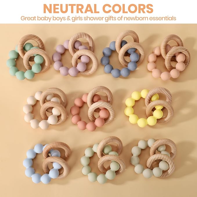 Socub Baby Teething Toys for 0-6 6-12 Months- BPA-Free Food-Grade Silicone & Natural Beech Wood Teether Ring for Newborn Infants Teething Relief- Easy-Grip Sensory Rattle Toys(Blush)