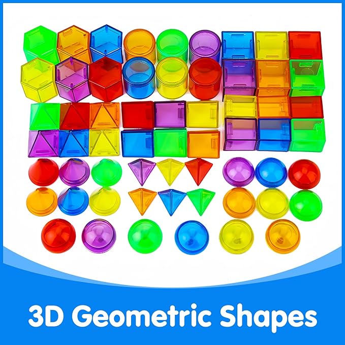 60 Pieces 3D Shapes for Teaching - Geometric Solids for Kids, Light Table Manipulatives, Translucent Toys