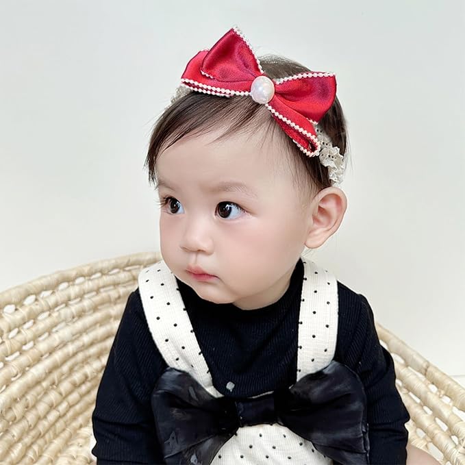 Bow Lace Headbands for Baby Girls Soft Tulle Ribbon Pearl Head Wrap Elastic Bow-knot Hair Band Shower Birthday Hair Accessory for Newborn Infant Toddler (Red A, Elastic)