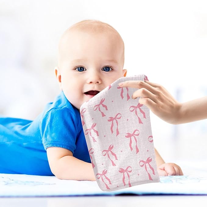 Bow Baby Washcloths Newborn Muslin Burp Cloths 3 Pack Soft Cotton Baby Face Bath Towel Drool Bibs for Infants, Girls and Boys 11.8 x 11.8 Inch