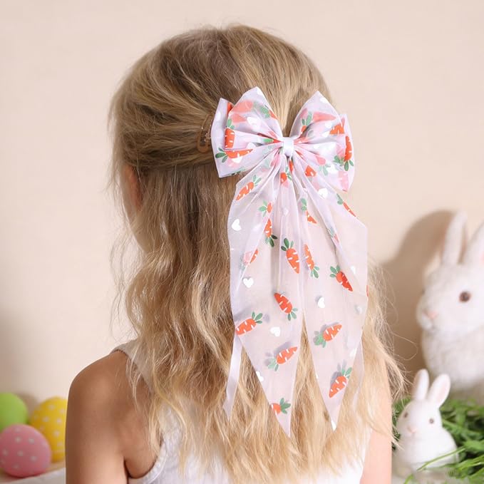 Easter Hair Bow for Girls - Large Tulle Carrot Bow Hair Clip with Long Tail, Cute Carrot Hair Accessory Alligator Clip for Women Toddlers, Easter Spring Party Barrette Hair Decoration