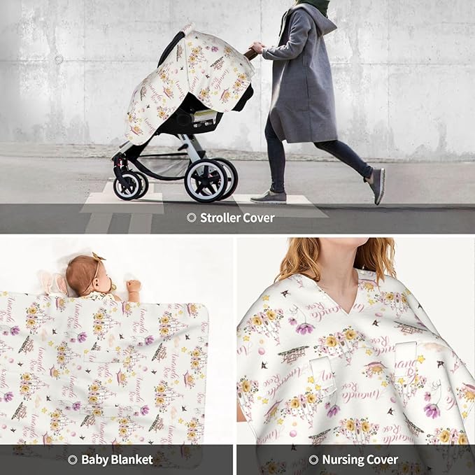 Personalized Baby Car Seat Canopy for Babies, Custom Name Baby Car Seats Covers for Girls, Opening Minky Nursing Breastfeeding Cover for Infant, Carseat Canopies for Newborn (Princess Floral)