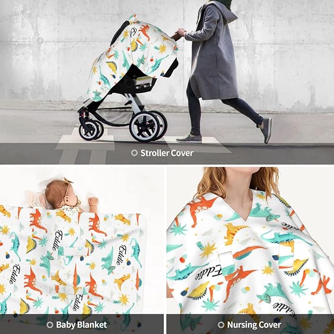 Personalized Dinosaur Theme Baby Infant Car Seats Canopy for Babies with Name, Custom Lightweight Covers for Baby Boys Girls, Minky Nursing Breastfeeding Stroller Cover Canopies for Newborn