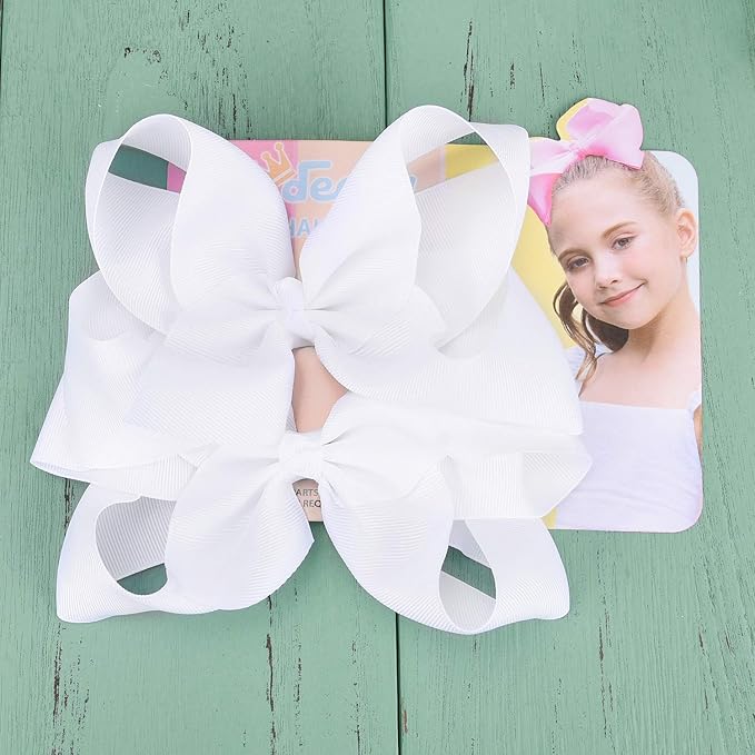 DEEKA 2 PCS 6" Big Hand-made Grosgrain Ribbon Solid Color Hair Bows Alligator Clips Hair Accessories for Little Teen Toddler Girls Kids Set of 2 -White