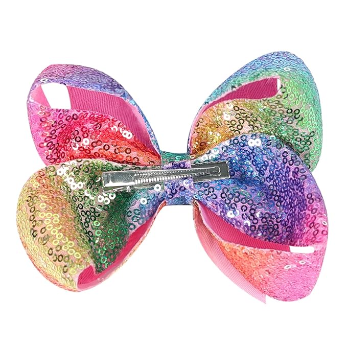 6 Inch Rainbow Sparkly Glitter Sequin Hair Bows for Girls Toddlers Kids Children Teenage (2PCS)