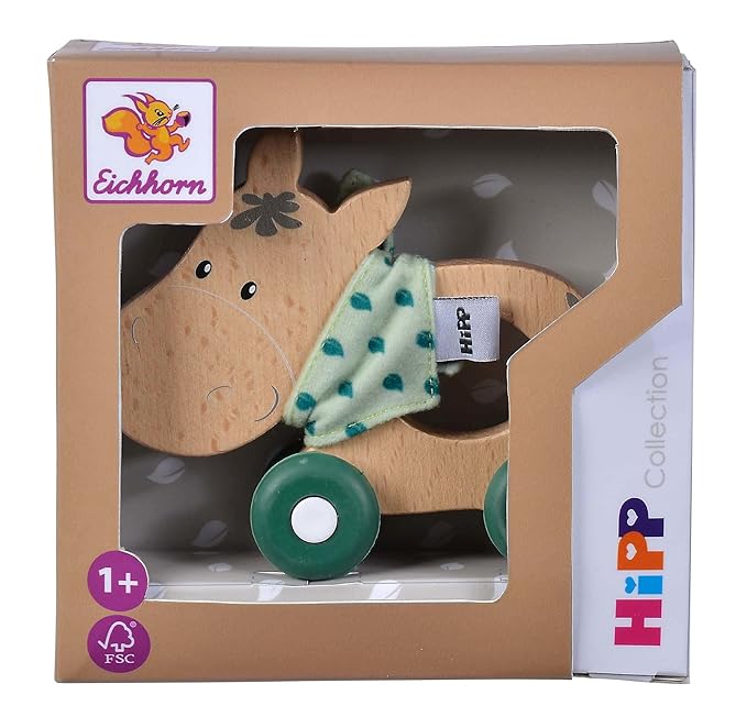 Eichhorn - Baby Hipp Collection - Sliding Donkey with Fabric, Silent Silicone Wheels, 12 cm Long, 100% FSC Certified Beech Wood, Suitable for Children from 1 Year