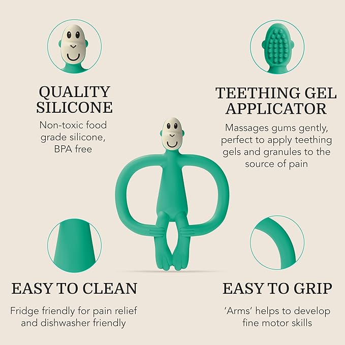 Matchstick Monkey Silicone Teether & Gel Applicator – Silicone Baby Teether, Easy-to-Grip, BPA-Free, Supports Self-Soothing & Early Brushing, 3 Months+, 4 Inches, Green