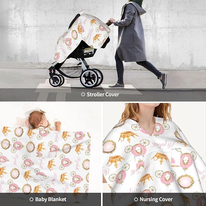 Personalized Baby Car Seat Canopy for Baby Girls, Custom Name Princess Crown Baby Car Seat Covers for Babies, Opening Minky Nursing Breastfeeding Cover for Infant, Carseat Canopies for Newborn