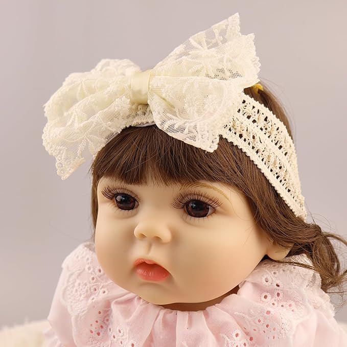 Lace Flower Bow-knot Baby Girls Headband Birthday Infant Wrap Elastic Baby Turban Hairband for Newborn Infant Toddler Kids (Ivory)
