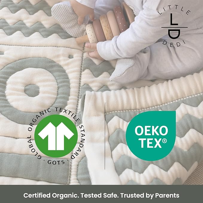 3D Soft Organic Cotton Crawling Blanket – GOTS Certified, 40x40 in Montessori Design for Motor Skill Development, Reversible, No Loose Threads – Washable & Sustainable