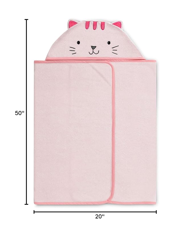 Delta Children Personalized Kids Hooded Bath Towel with Pockets - Super Soft and Absorbent- Great Gift for Boys and Girls, Pink Cat