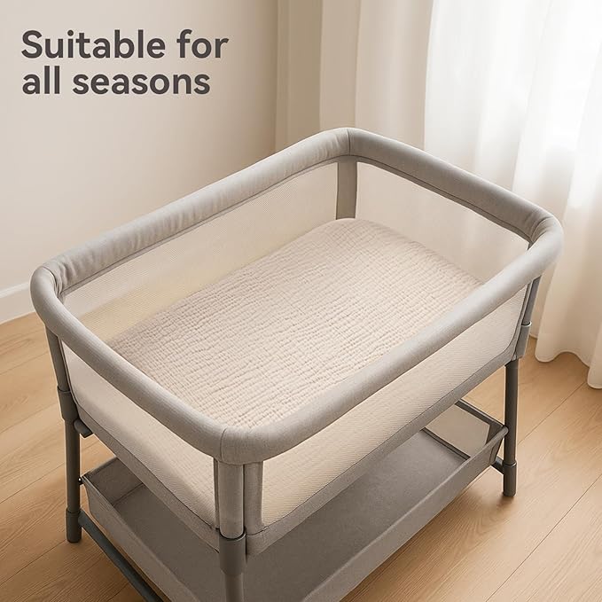 Pro Goleem Muslin Bassinet Sheets, 100% Cotton Breathable Soft Fitted Baby Pad Protector for Boys Girls, Fit Oval/Hourglass/Rectangular Bassinet Mattress, Neutral, 2 Pack (Brown&Beige)