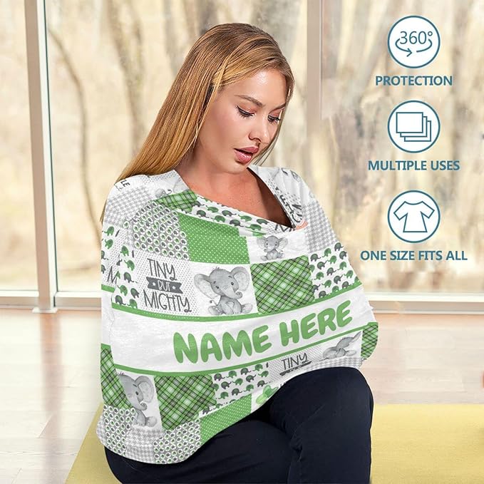 Personalized Cute Elephant Green Plaid Baby Car Seat Cover for Babies with Name, Custom Baby Car Seats Canopy for Boys Girls, Nursing Breastfeeding Stroller Covers Infant Car Seat Blanket for Newborn