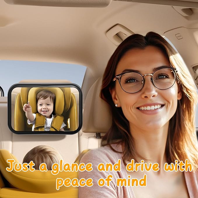 Car Mirror for Baby, Safety Car Seat Mirror for Baby Rear Facing with Clear Vision, Upgraded Hook Clip Design, 360 Rotation, Wide Crystal View, Shatterproof Crash Tested and Certified