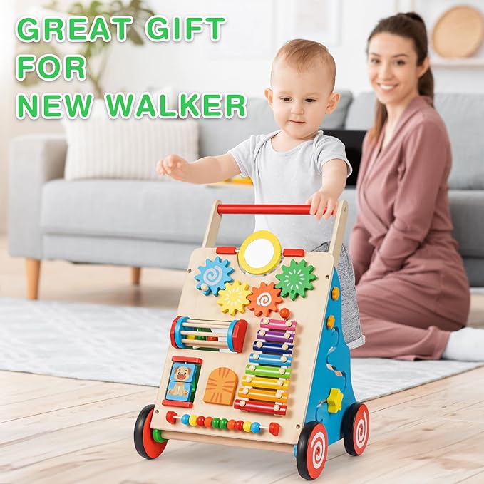 HUZU Wooden Baby Walker with Wheels, Montessori Push and Pull Activity Center for Toddlers, Adjustable Height & Speed, Learning Toy for 6-12 Months 1-3 Years Old Boys and Girls (Rainbow)