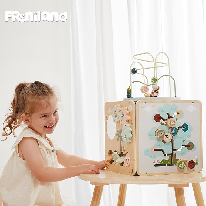 FReniland Wooden Activity Cube,Five Sided Montessori Toys,Sensory Toy for Toddler,Gift for Boys and Girls Over 18 Months