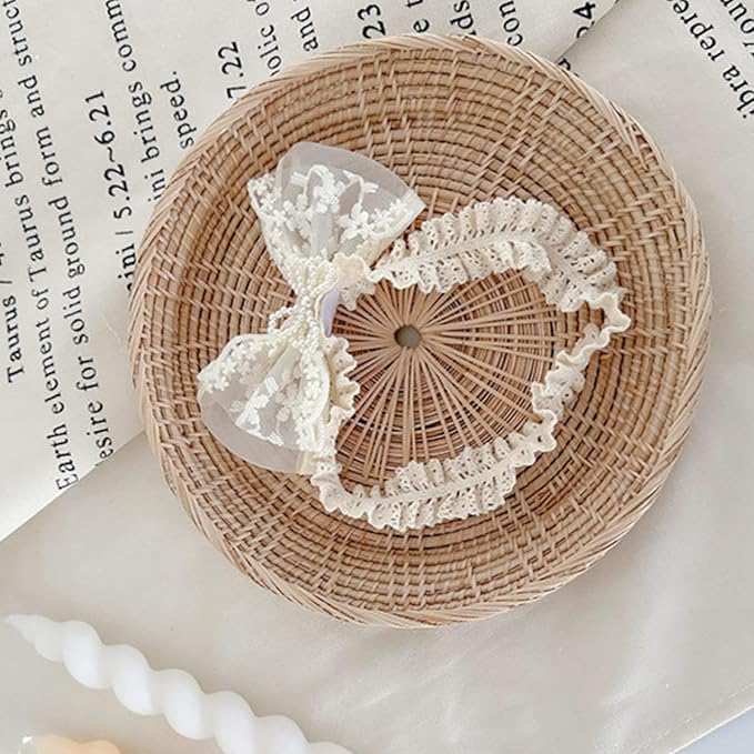 Baby Girls Hairband White Bow Lace Headbands Handmade Soft Stretchy Bowknot Hairbands Newborn Headband with Bows Pearls Elastic Head Band for Newborn Infant(Embroidered Pearl Bow)