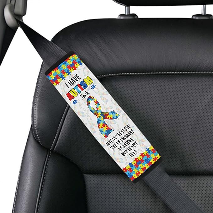 I Have Autism Colorful Ribbon Personalized Name Autism Awareness Seat Belt Covers Special Need Autistic Car Seat Belt Covers for Boys Medical Alert 23