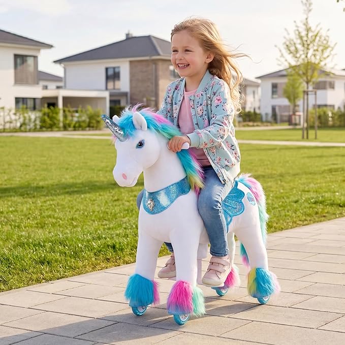 PonyCycle Rainbow Ride-on Unicorn Walking Pony Riding Horse Ride on Toy Advanced Model Y with Saddle Size 4 for Kids Ages 4-7, Indoor Outdoor with Wheels for Children Y454