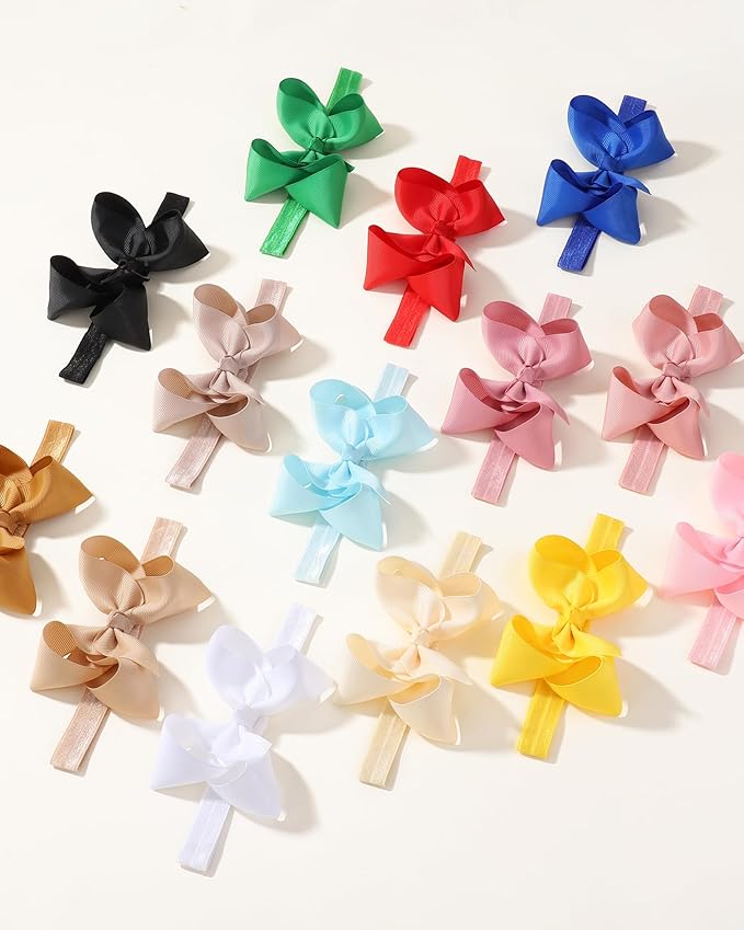 jollybows Baby Girls Headbands, 3 PCS 4in Grosgrain Ribbon Hair Bows - White, Cream, Pink, for Baby Girls Infants Toddler Kids Teens and Children