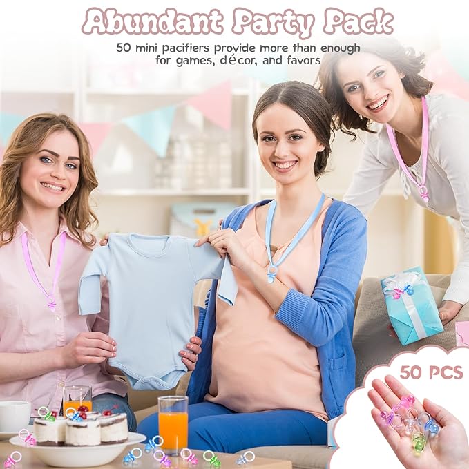 50 Pcs Mini Pacifiers Baby Shower Games Boy Girl, 1.25'' Cute Baby Shower Pacifiers, Bulk Acrylic Pacifier for Party Table Scatter, Pacifier Hunt Game, Gender Reveal Decoration Party Favors(5 Color)