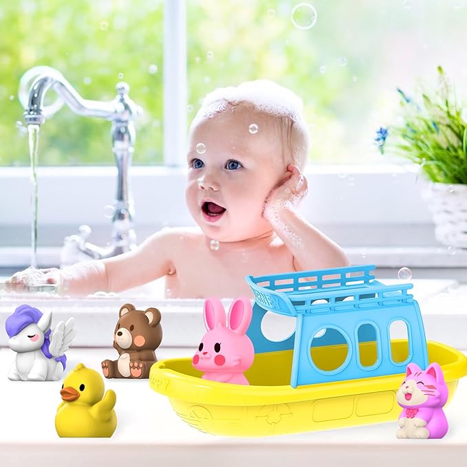 Oriate Bath Boat Toys, Finger Puppets for Kids, 5 PCS Rubber Duck Finger Puppets and 1 Boat, Sensory Learning Toy Set in The Bathtub, Pool, Beach Easter Eggs Fillers.