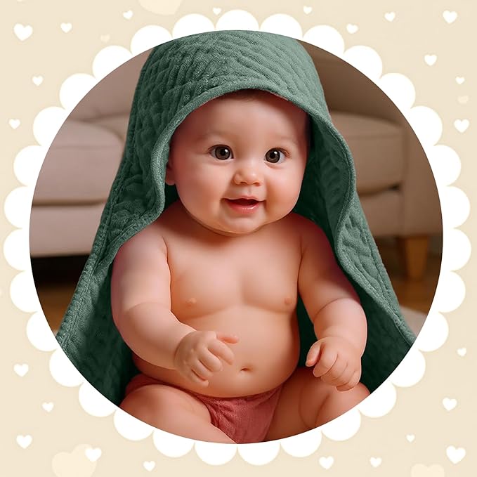 Peryiter 4 Pcs Muslin Hooded Baby Towels, 32"x 32" Cotton Newborn Bath Towel Muslin Infant Baby Blankets Absorbent Unisex Newborn Registry Gift Essentials for Girls Boys (Green,Gray,Brown,Blue)