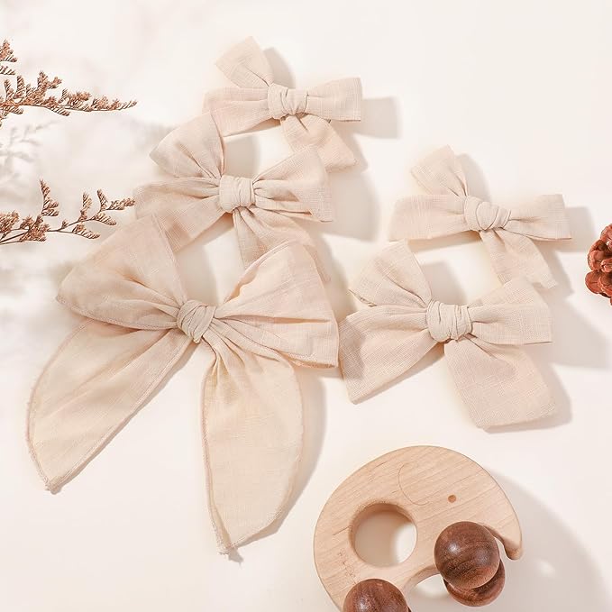 YHXX YLEN 5PCS Khaki Cotton Linen Hair Bows for Girls Handmade Alligator Clip Hair Accessories for Babies Infant Toddlers Kids(5inch×1, 4inch×2, 3.5inch×2)