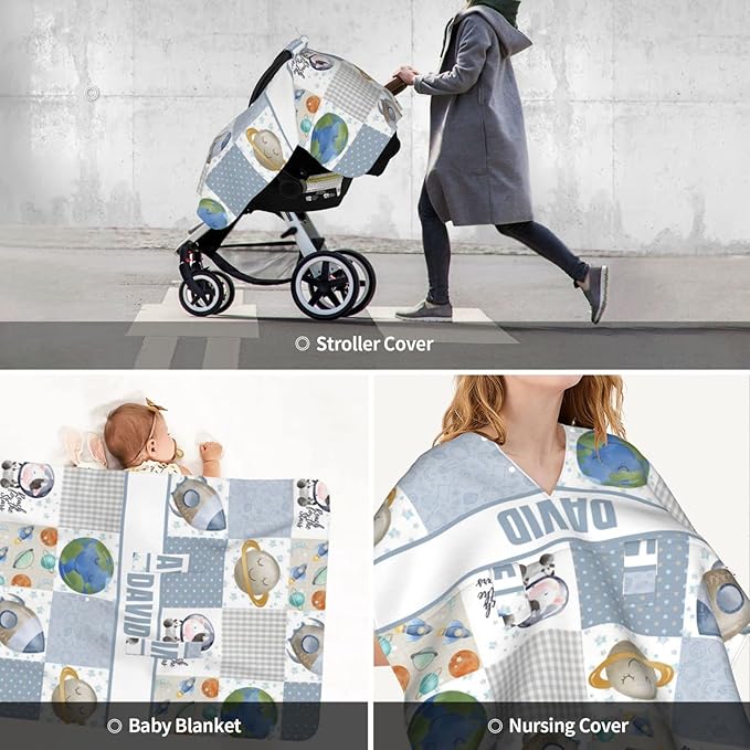 Personalized Baby Car Seat Canopy for Boys Girls, Custom Name Baby Car Seats Covers for Babies, Opening Minky Nursing Breastfeeding Stroller Cover Infant Carseat Canopies for Newborn (Space Cow)