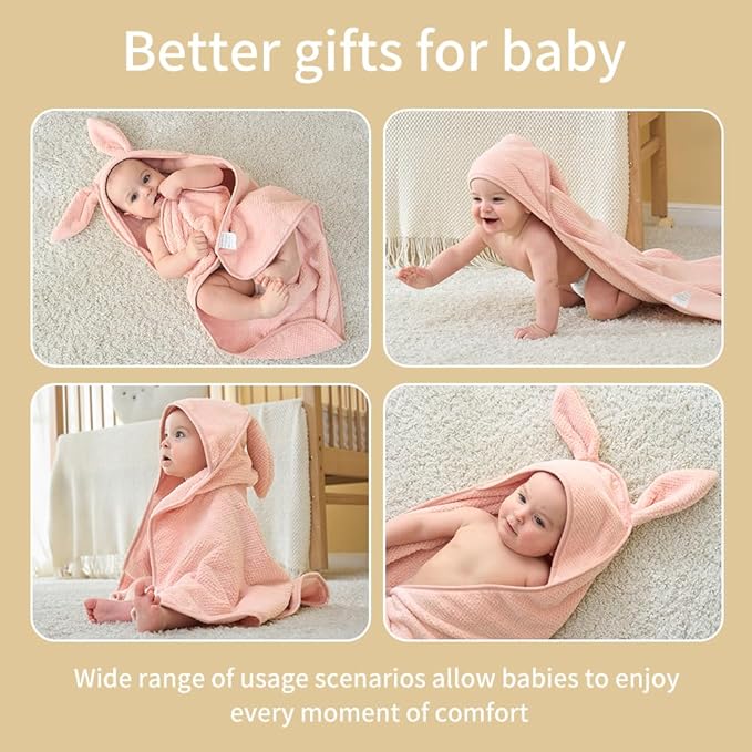 Baby Hooded Towel 2 Pack Bath Towels for Newborn with Animal Design Shower Essentials for Baby Girl Boy and Toddler (Pink & Beige, Medium)