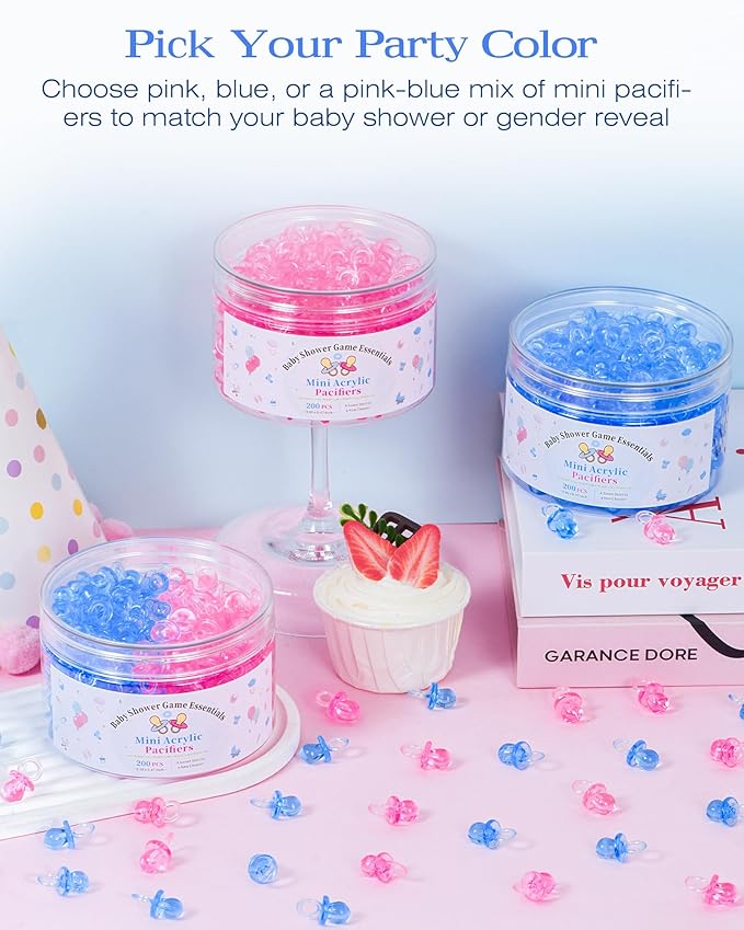 200 Pcs Mini Pacifiers Baby Shower Games, 0.86'' Acrylic Pacifiers in Clear Jar, Chupones para Baby Shower Pacifier for Party Favors, Table Scatter, Gender Reveal Decoration DIY Craft(Blue)