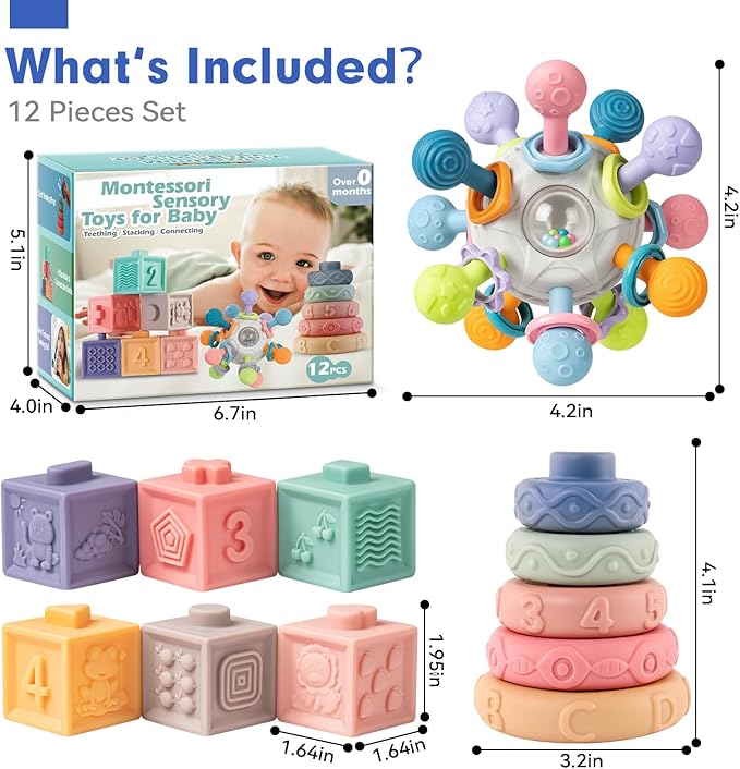 SpringFlower 3 in 1 Montessori Toys for Babies 0-3-6-12 Months, Rattle Teether & Baby Blocks & Soft Stacking Rings, Sensory Developmental Education Toys,Gift for Toddler Baby 0-3-6-12-18 Months