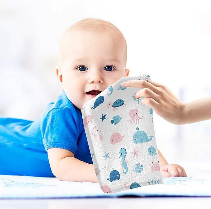 vvfelixl Cute Sea Life Baby Burp Cloths, Baby Muslin Washcloths for Boys Girls, Cotton Baby Face Towel for Newborn Infants Soft and Absorbent 11.8 X 11.8 in, 5 Pack