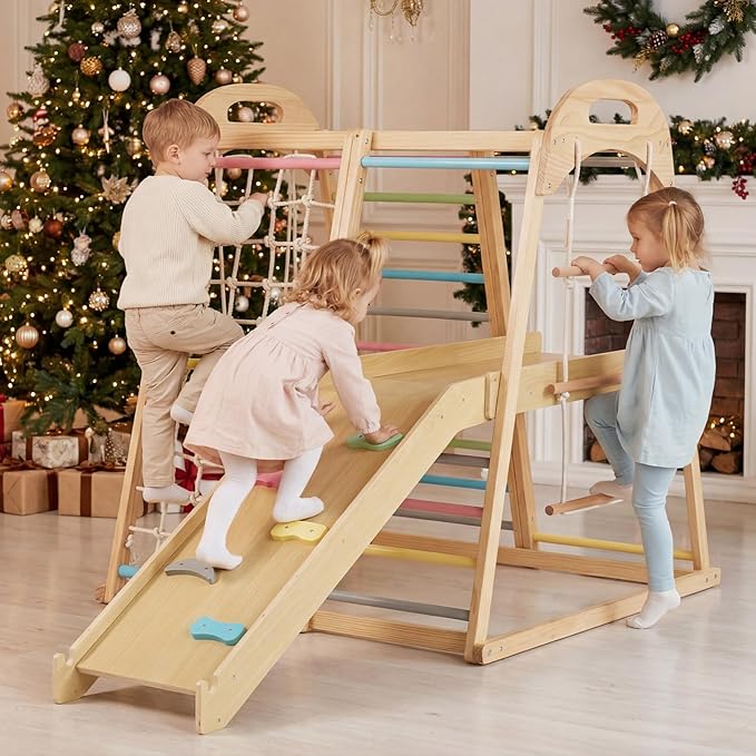 OLAKIDS Indoor Jungle Gym, 8 in 1 Wooden Montessori Toddler Climbing Toys with Adjustable Ramp Swing Slide, Monkey Bar Rope Ladder Waiting Area (Colorful)