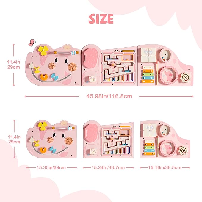 ROBUD Elephant Montessori Busy Board, 12-in-1 Activity Wall Busy Board, Montessori Sensory Wall Panel for Boys & Girls, Toddler Learning Activity Center for Playroom, Nursery, Pink