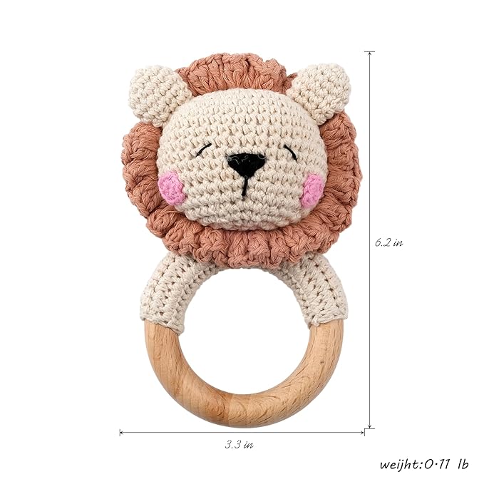 Wooden Baby Rattle,Crochet Lion Rattle with Wood Ring, Newborn Wooden Animal Rattle Toy,Infant Lion Wood Rattle Toys
