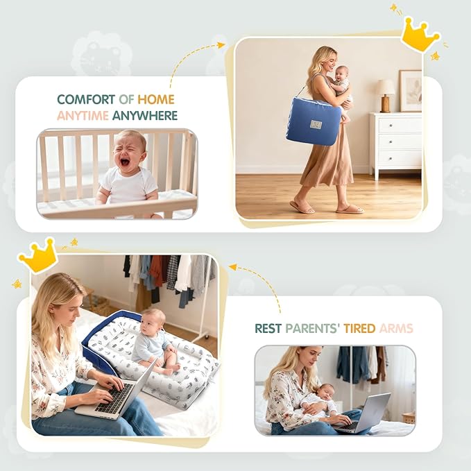 Portable Baby Lounger - Foldable Infant Lounge with Adjustable U-Shaped Bumper & Storage Bag, Breathable Cotton Snug Spot for Supervised Rest & Play at Home or On The Go,Blue Crown