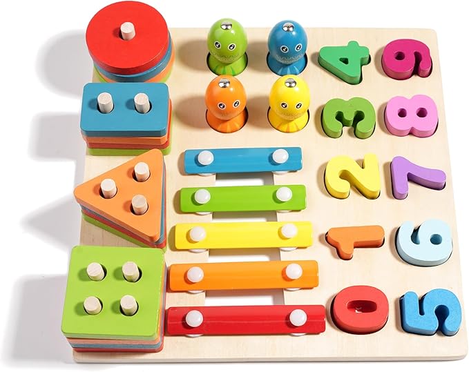 4-in-1 Wooden Activity Board for Toddlers Kids - Montessori Learning Toy with Magnetic Fishing, Number Blocks Puzzles, Shape Sorter & Xylophone - Educational Gift